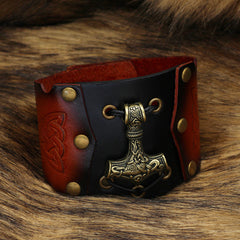 Nordic Viking Thunderbolt Hammer Cowhide Bracelet