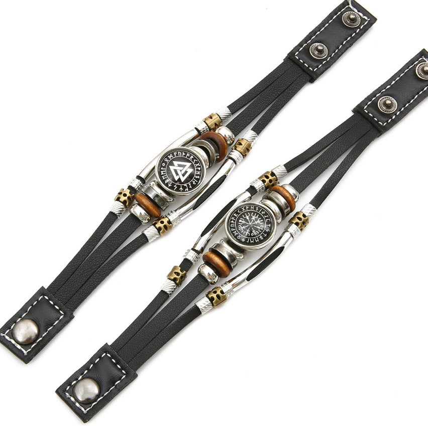 Viking Pirate Compass Pattern Leather Bracelet