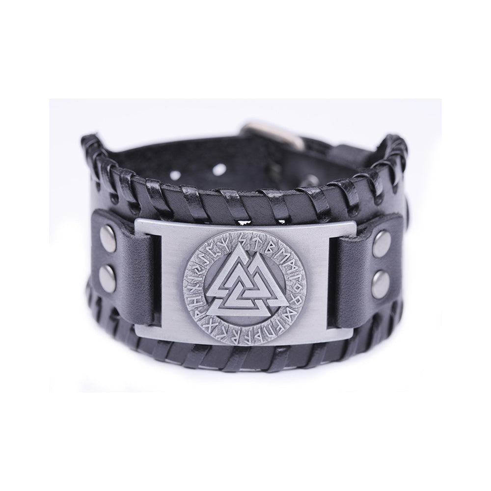 Nordic Vintage Viking Totem Leather Bracelet Odin Luenwen Men's Bracelet