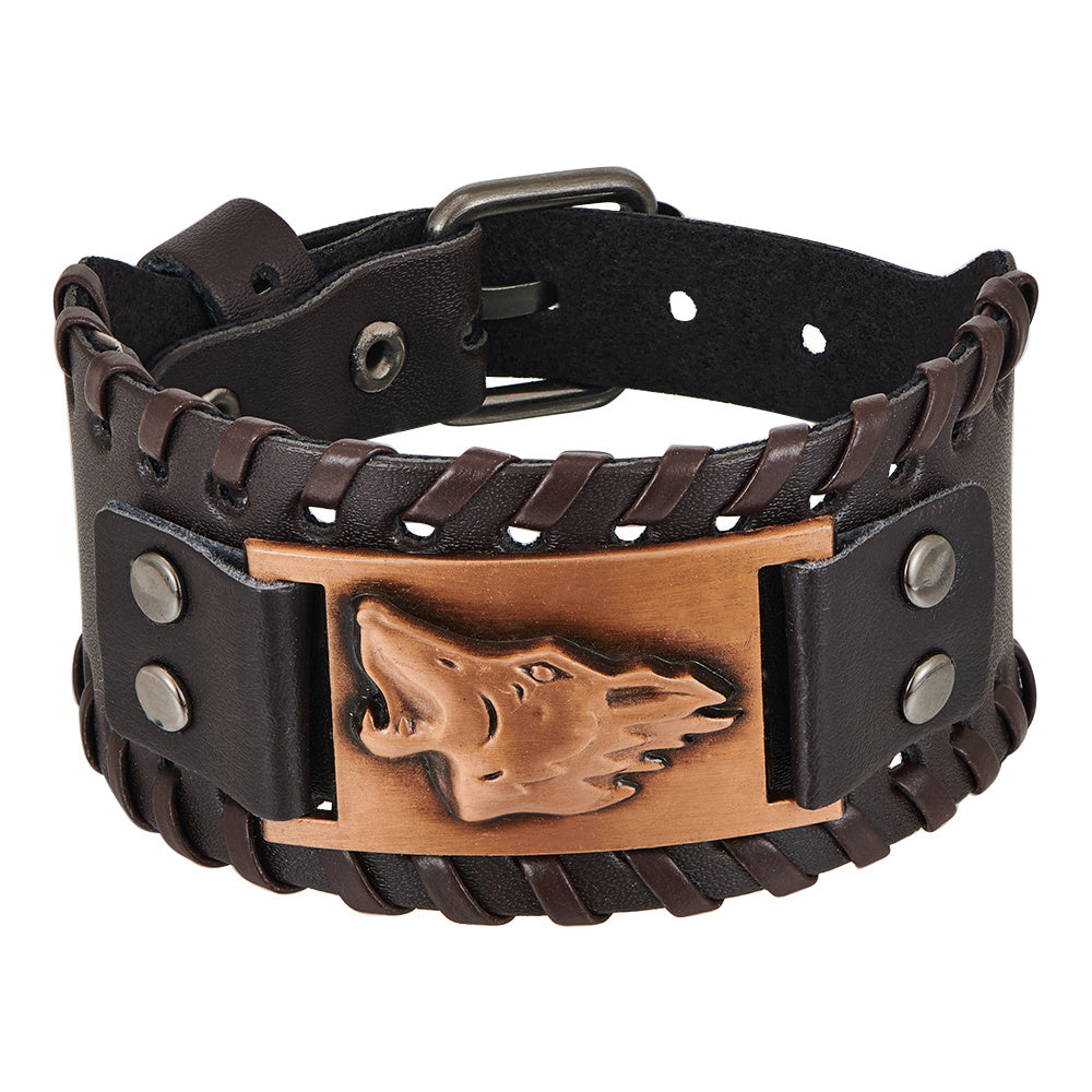 Toten Design Nordic Viking Odin Bracelet Genuine Leather Wolf Head Bracelet For Men Animal Bracelet