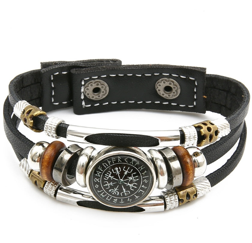 Viking Pirate Compass Pattern Leather Bracelet