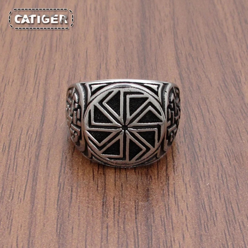 Punk 316L Stainless Steel Vikings Slavic Wheel Amulet Ring Scandinavian Runic Vikings Rings  Jewelry