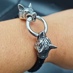 Viking rune bead Wolf Head Bracelet Stainless Steel Animal head Leather Bracelet For Women men gift