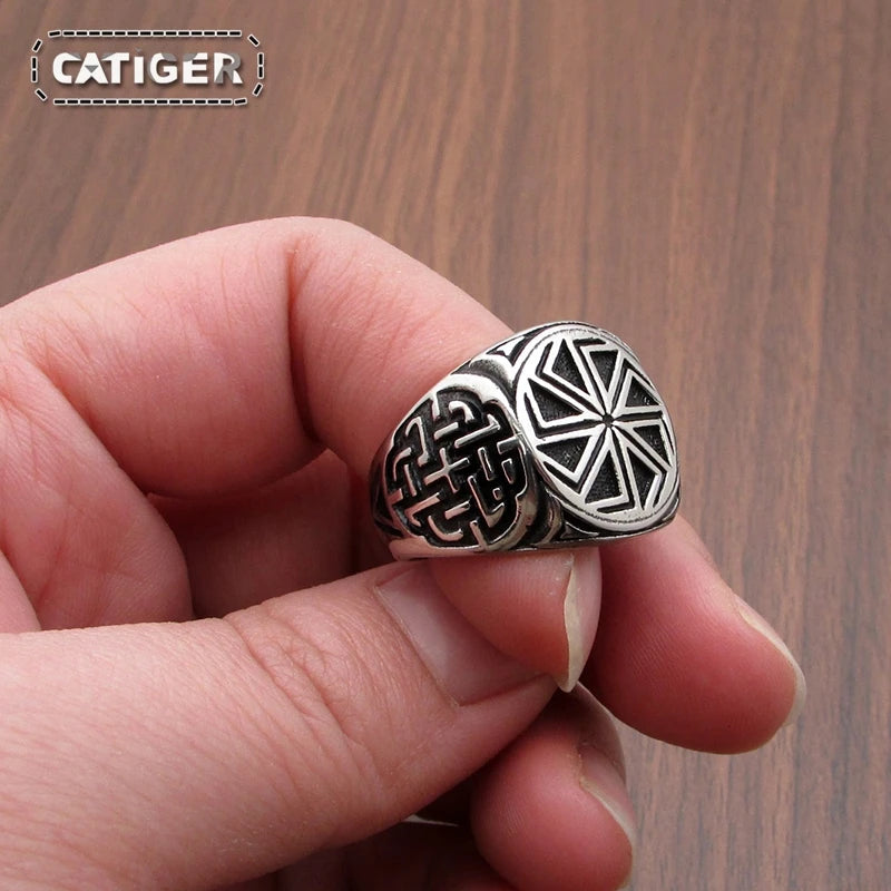 Punk 316L Stainless Steel Vikings Slavic Wheel Amulet Ring Scandinavian Runic Vikings Rings  Jewelry