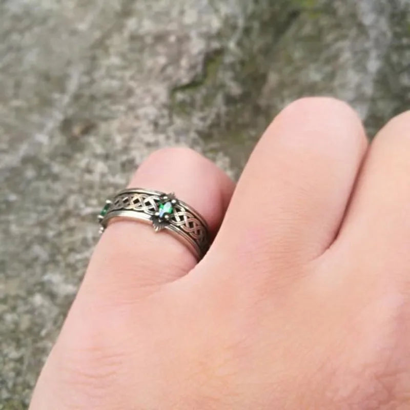 Vintage Green Gemstone Celtic Knot Ring Witchcraft Witch Knot Open Adjustable Ring Lucky Jewelry for Men Women