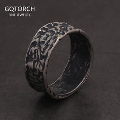 925 Sterling Silver Rings for Men Women Viking Style Ancient Irregular Pattern Blue Purple Enamel Ring Punk Retro Jewelry