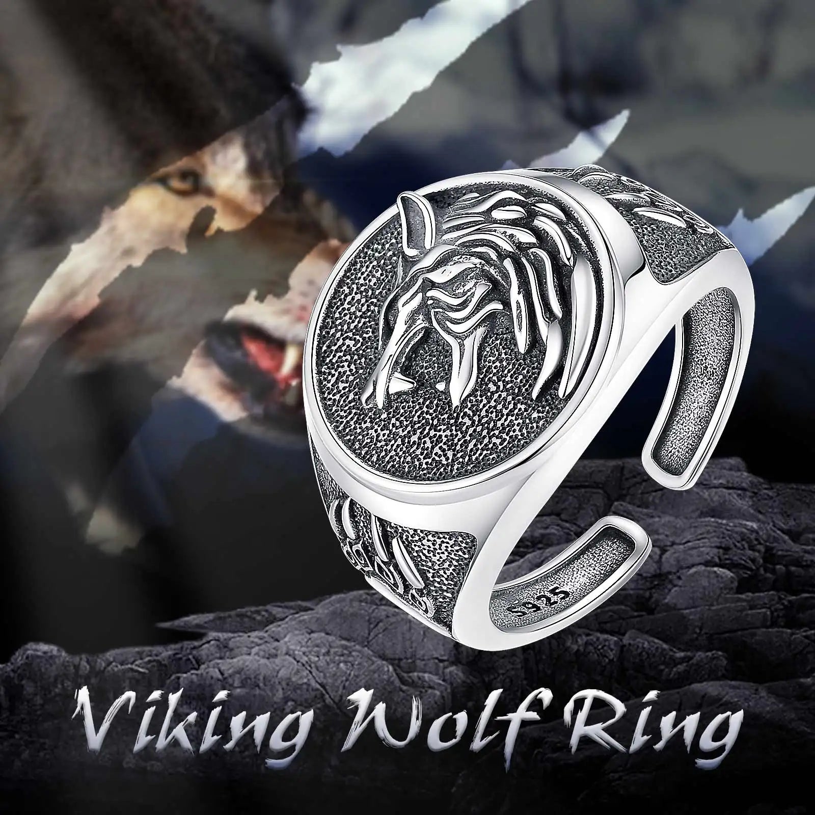 Eudora 925 Sterling Silver Viking Wolf Adjustable Ring for Men Women Vintage Wolf Paw Amulet Signet Ring Punk Jewelry Fine Gift