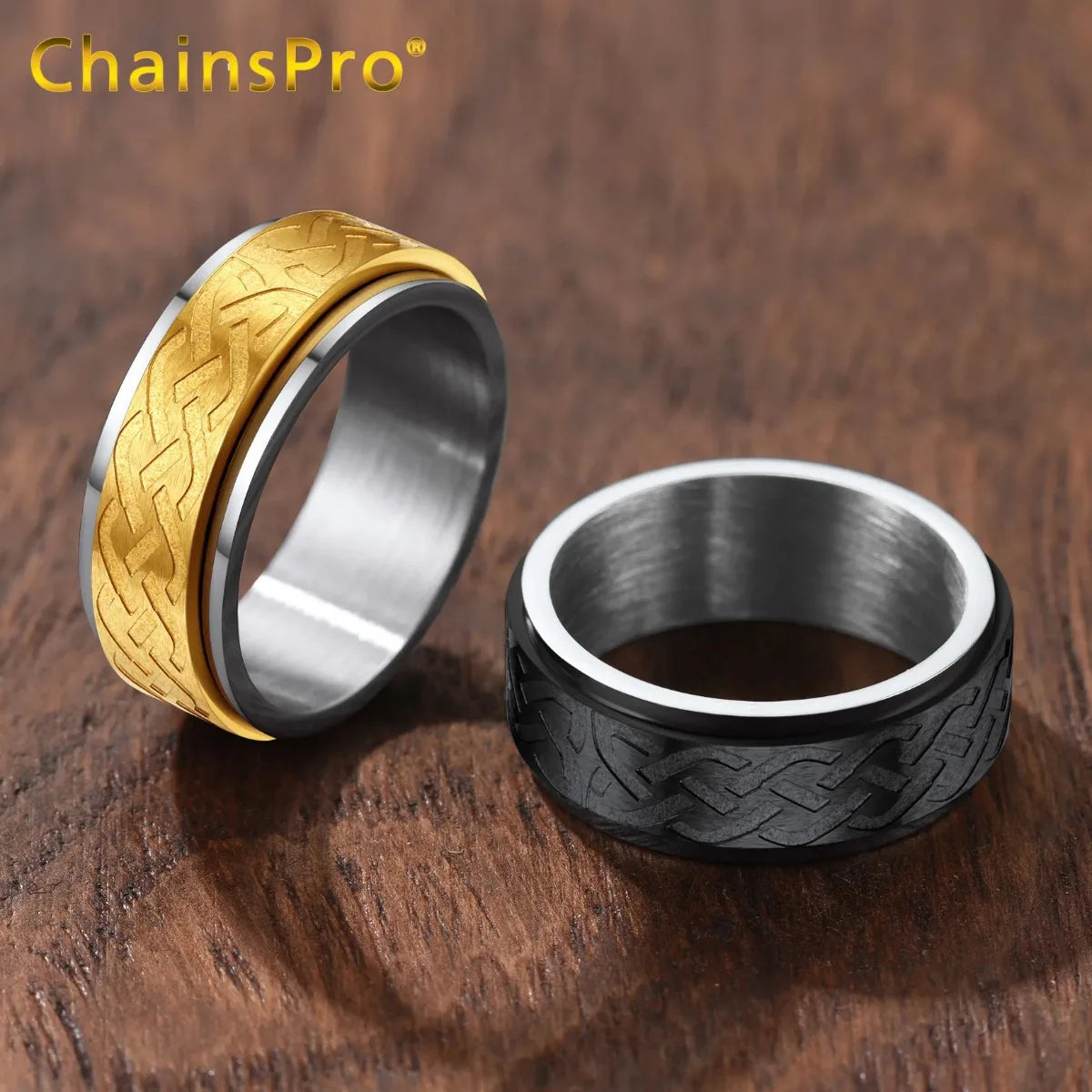 ChainsPro 7mm Celtic Knot Eternal Ring Stainless Steel 14K Gold-plated Wedding Engagement Ring for Men Engravable CP475