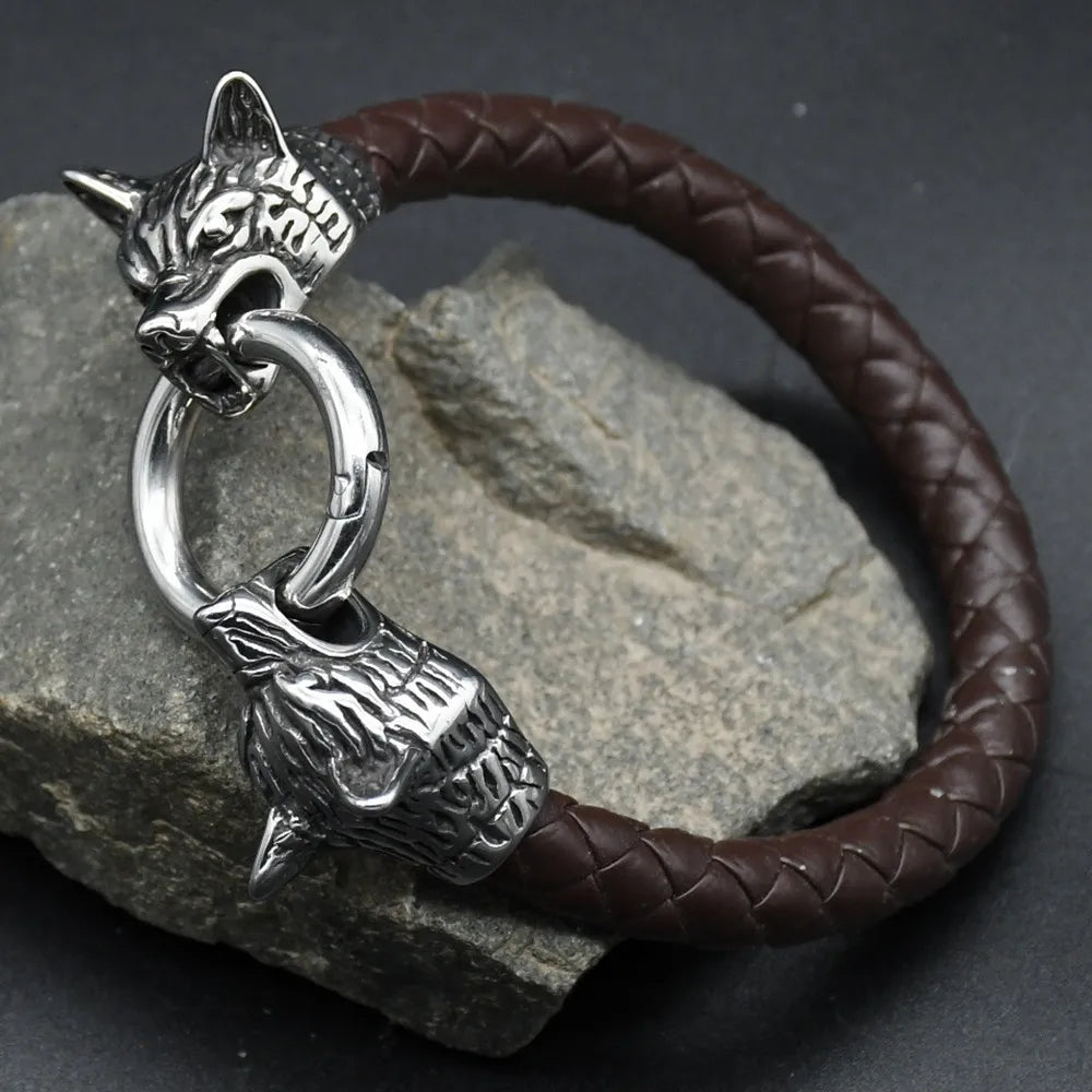 Viking rune bead Wolf Head Bracelet Stainless Steel Animal head Leather Bracelet For Women men gift