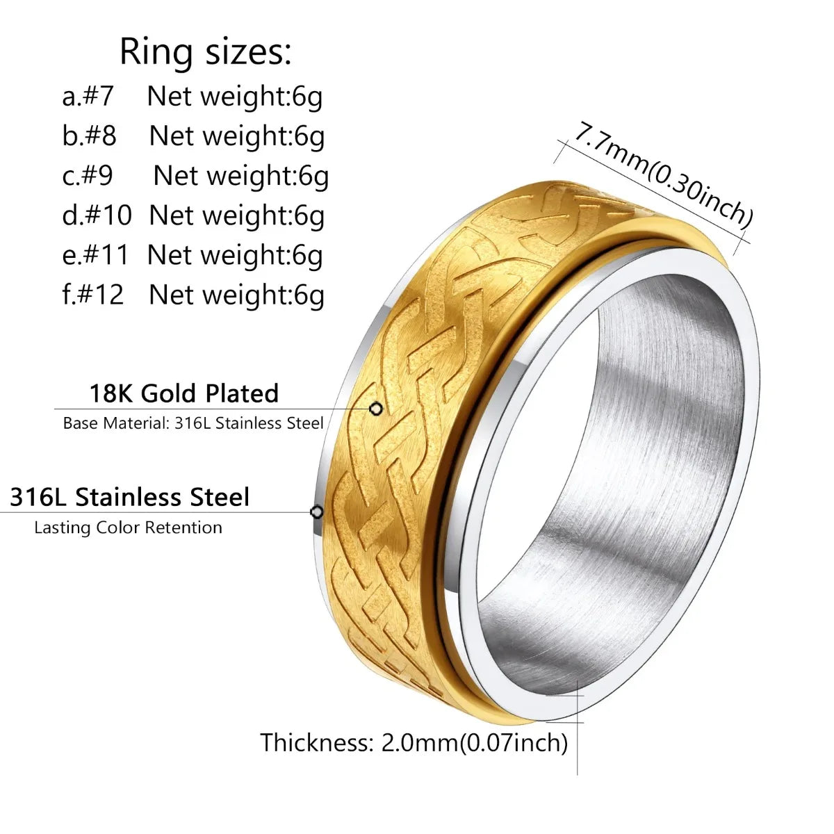 ChainsPro 7mm Celtic Knot Eternal Ring Stainless Steel 14K Gold-plated Wedding Engagement Ring for Men Engravable CP475