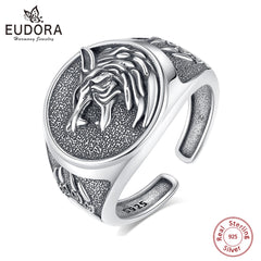 Eudora 925 Sterling Silver Viking Wolf Adjustable Ring for Men Women Vintage Wolf Paw Amulet Signet Ring Punk Jewelry Fine Gift