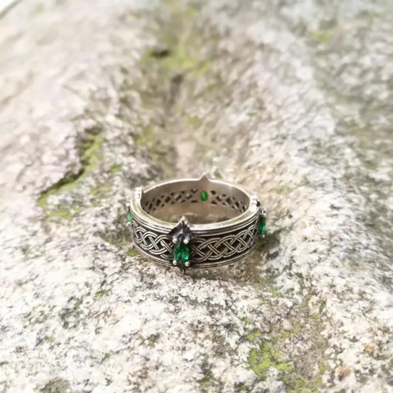 Vintage Green Gemstone Celtic Knot Ring Witchcraft Witch Knot Open Adjustable Ring Lucky Jewelry for Men Women