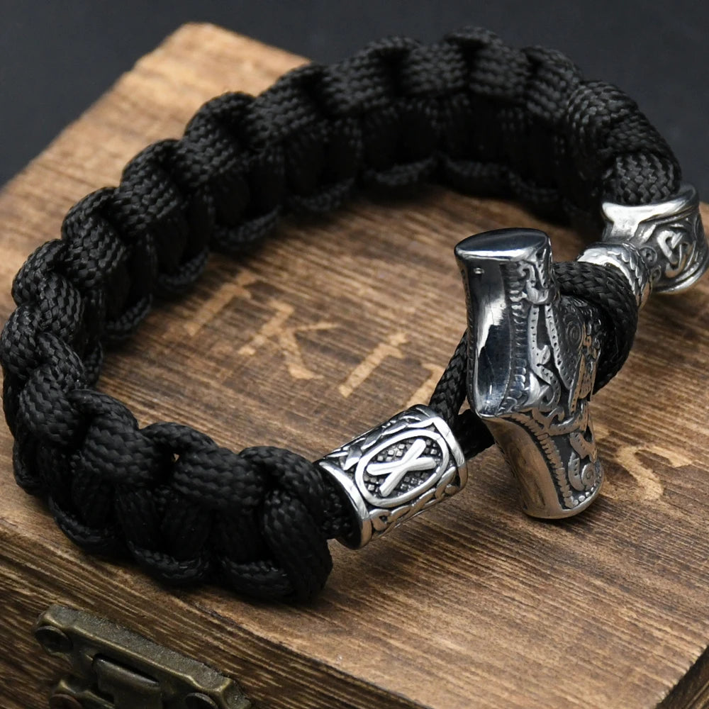 Mens Viking Mjolnir Bracelet Stainless steel Thor hammer Wristband Norse Mythology Runes Amulet Jewelry