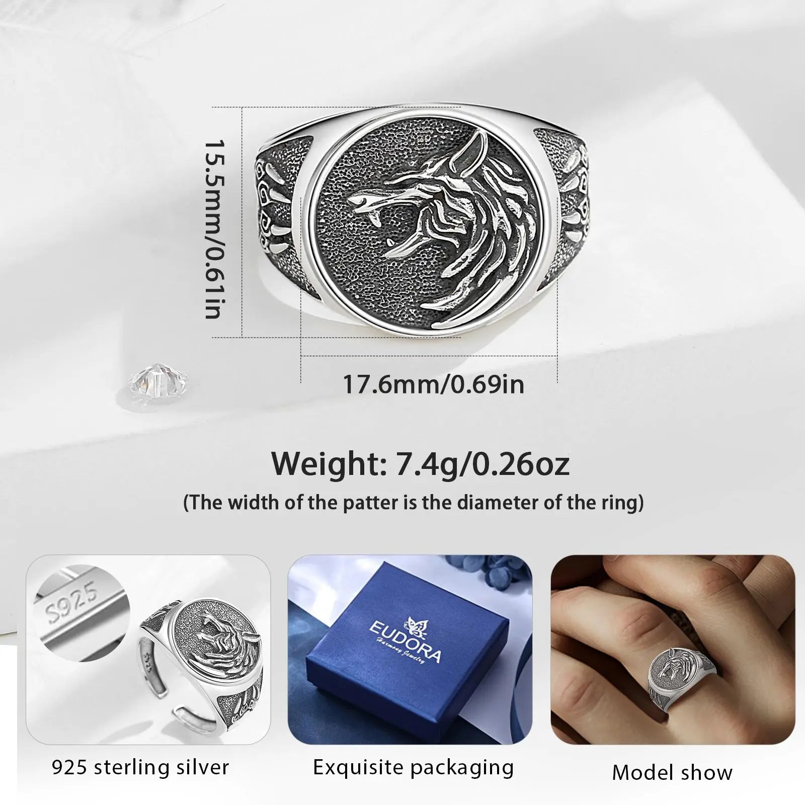 Eudora 925 Sterling Silver Viking Wolf Adjustable Ring for Men Women Vintage Wolf Paw Amulet Signet Ring Punk Jewelry Fine Gift