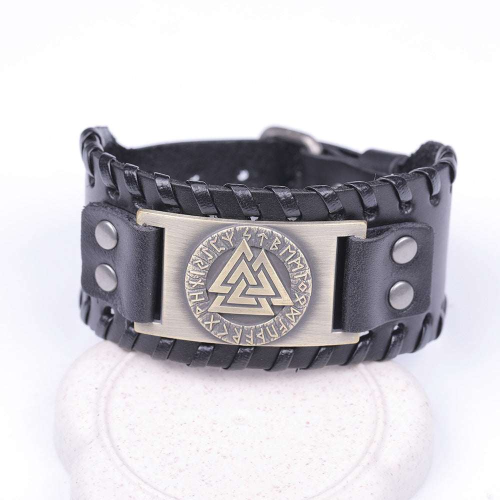 Nordic Vintage Viking Totem Leather Bracelet Odin Luenwen Men's Bracelet