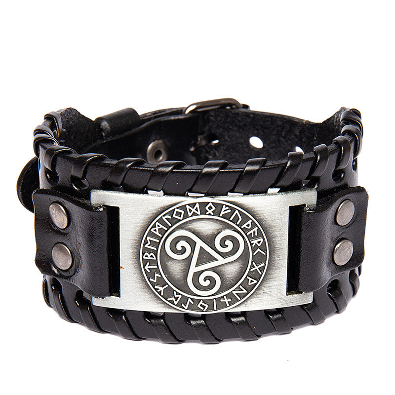 Nordic Talisman Wide Leather Bracelet Viking Solomon Totem Alloy Top Layer Leather Bracelet