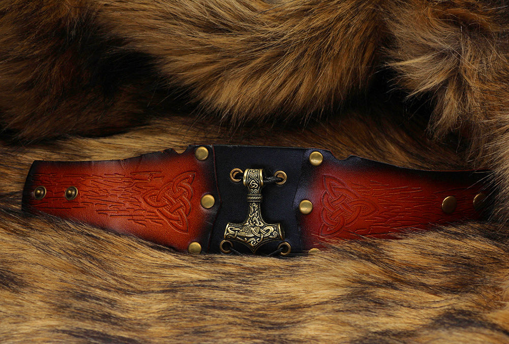 Nordic Viking Thunderbolt Hammer Cowhide Bracelet